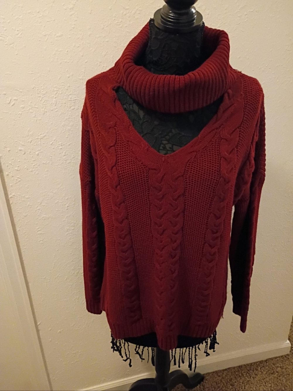 Elegant Maroon Cable Knit Turtleneck Sweater